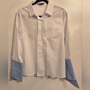 INA Womens White Cotton Button Up Blouse Blue Oversized Cuffs Large